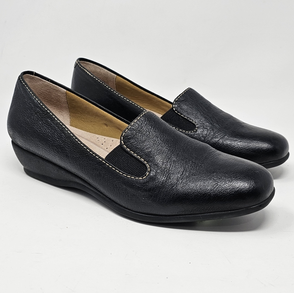 Trotters Leather Loafers Size 7.5 Black Slip On Comfort Shoes T1563 Slight Wedge